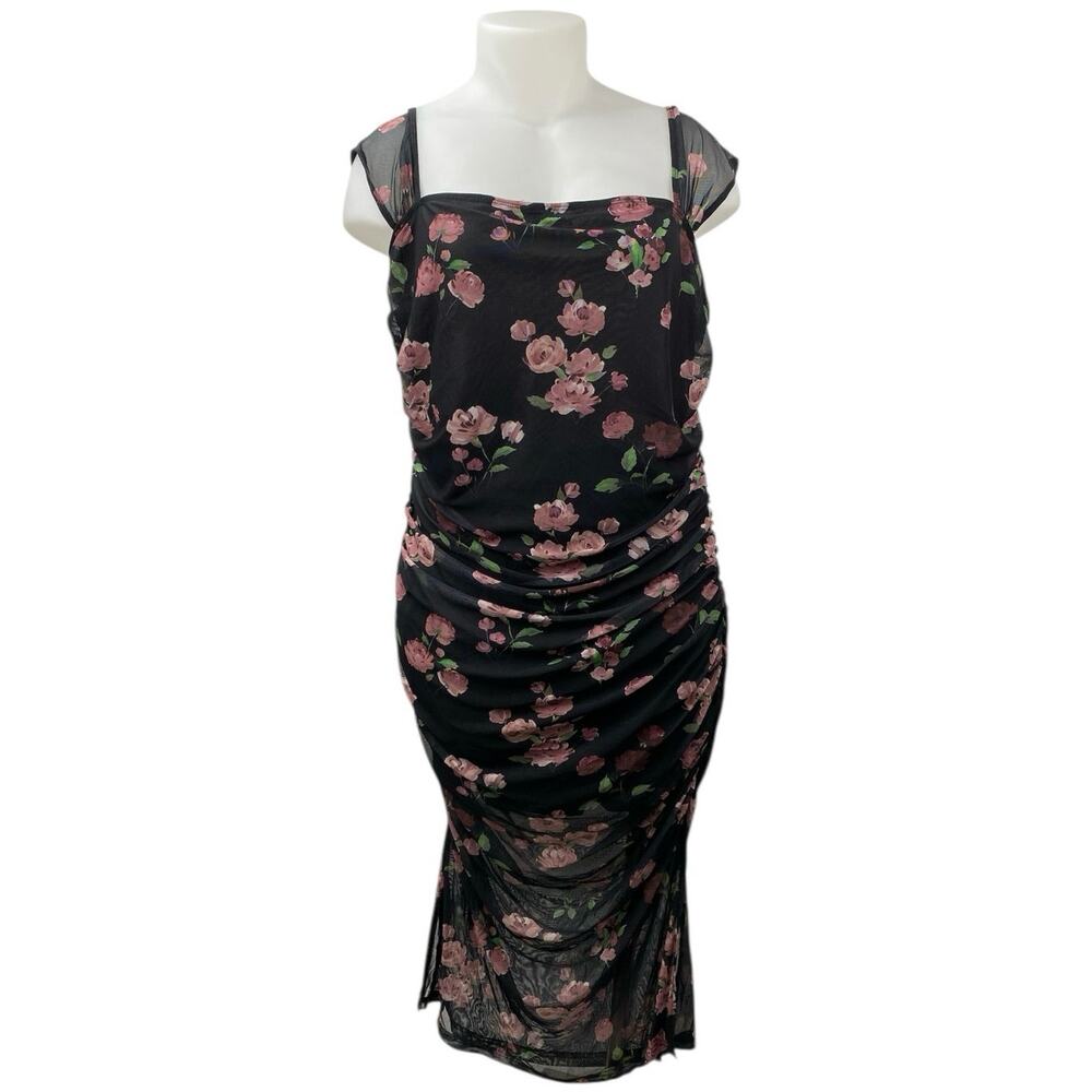Cider Women's Black Floral Print Sleeveless Ruched Midi Bodycon Dress Size 3XL